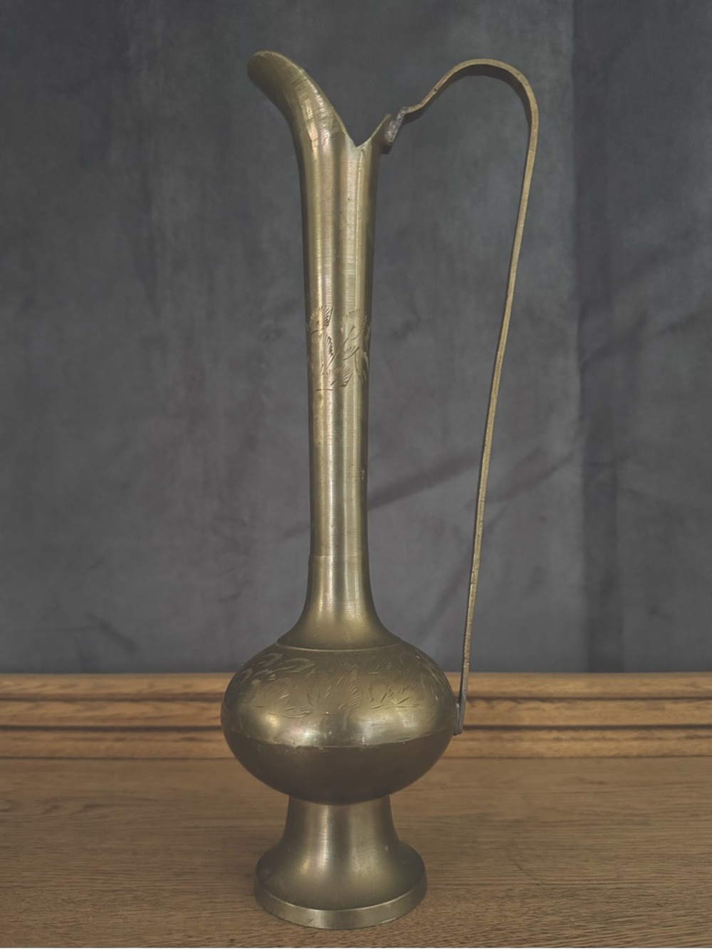 Vintage Brass Ewer Bud Vase Etched Middle Eastern Pitcher Decor